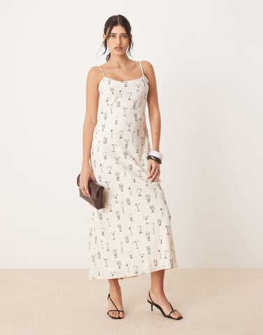 Abercrombie & Fitch cami strap slip maxi dress in cream martini print