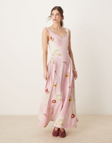 ASOS DESIGN summer maxi dress with full skirt in pink floral patchwork print