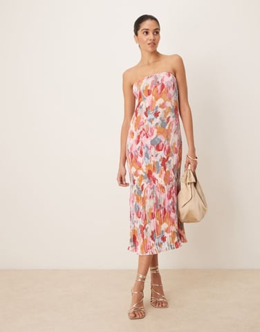 Abercrombie & Fitch strapless giselle pleat maxi dress in yellow abstract
