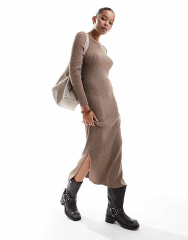 ONLY boat neck ribbed midaxi dress in beige