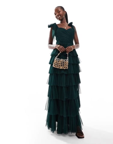 Lace & Beads bow shoulder tiered tulle maxi dress in emerald