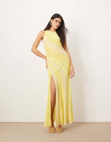 ARRANGE racer neck raw edge panelled maxi dress in yellow