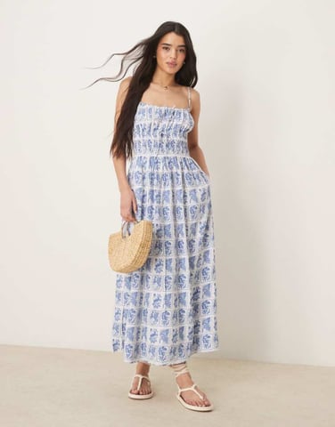 Abercrombie & Fitch flowy maxi dress in blue stamp print