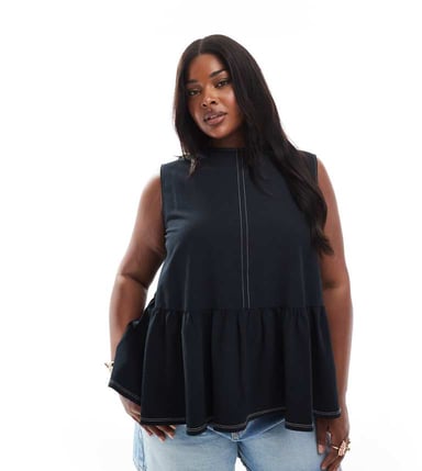 ASOS DESIGN Curve sleeveless peplum top with tie back in black