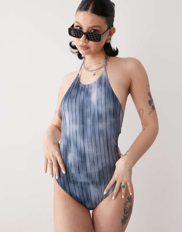 Weekday halter neck swimsuit with open back tie detail in blue stripe print