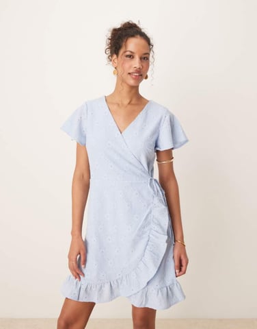 Vila jersey broderie wrap mini dress in kentucky blue