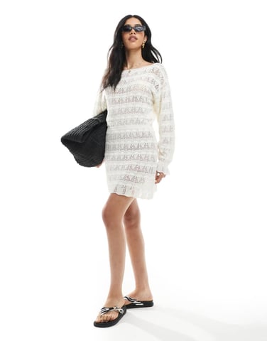 Miss Selfridge knitted tie waist crochet mini dress in cream