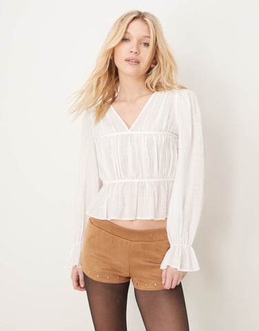 Gina Tricot shirred smocked blouse top with tie front in white