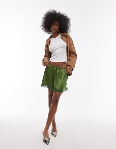 Topshop satin lace petticoat mid rise mini skirt in green