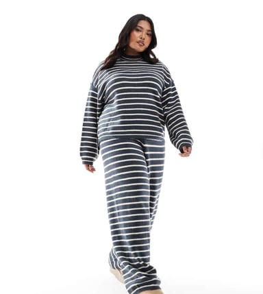 Pieces Curve knitted wide leg jogger co-ord in grey blue stripe