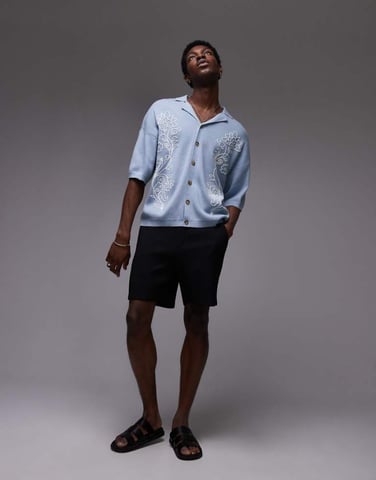 Topman dual floral embroidered revere polo in blue