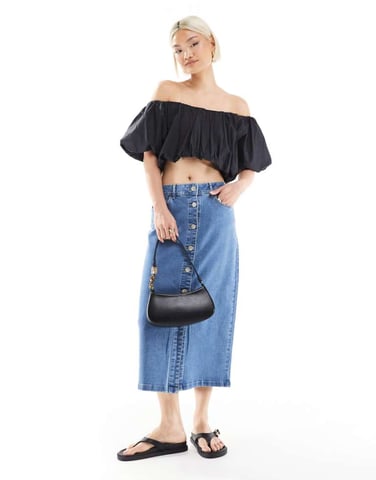 Vero Moda button front midi denim skirt in light blue wash