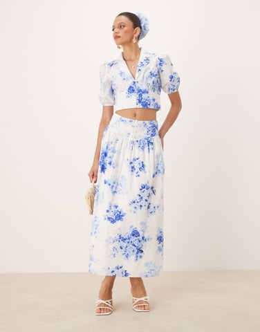 Nobody's Child Madalena a-line midi skirt co-ord in blue and white