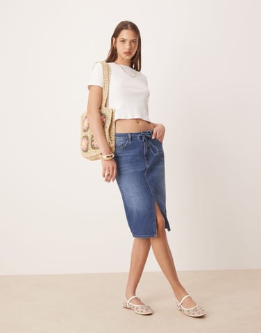 JDY low waist denim pencil skirt in mid blue