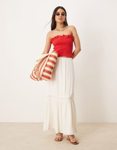 Gina Tricot tiered maxi skirt with lace insert in cream