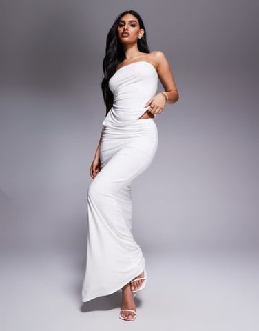 Kaiia exclusive double layered slinky gathered tie side thigh split maxi skirt co-ord in white
