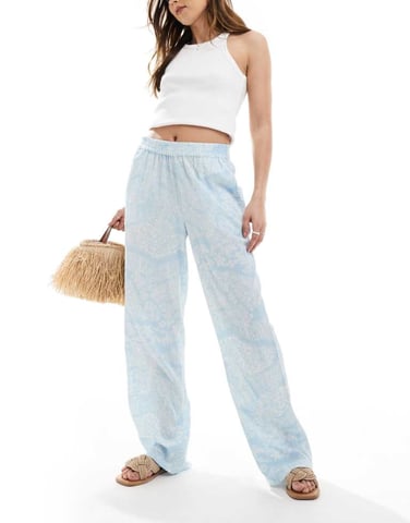 Vero Moda wide leg pull on trousers in pale blue floral print