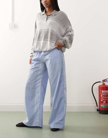 Weekday wide leg trousers in mismatched blue stripe