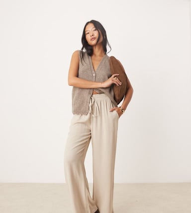 Vila Petite linen touch tie waist wide leg trousers in stone