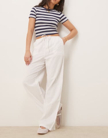 Gina Tricot wide leg linen blend trousers with drawstring waist in white