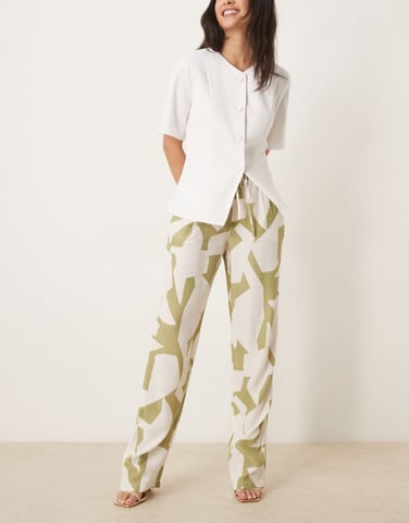 Vila high waist wide leg trouser in sage geometric print