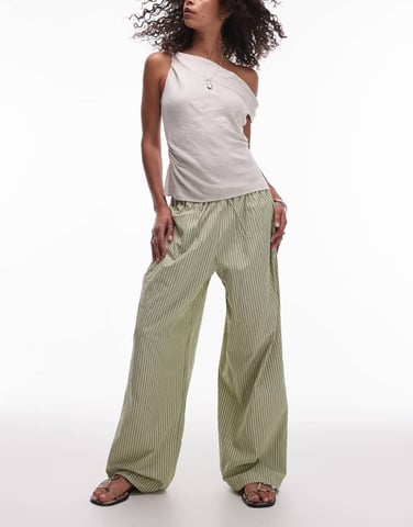 Topshop poplin pull on wide leg trouser in green stripe