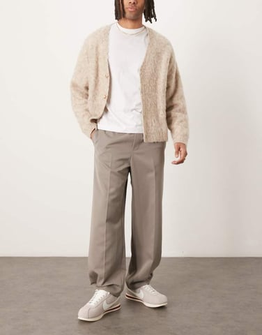 ASOS DESIGN pull on smart wide leg trousers with hem poppers in muted khaki