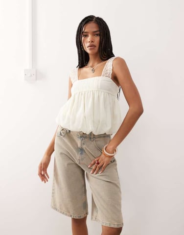 Reclaimed Vintage puff ball top with lace shoulder detail in pale mint green