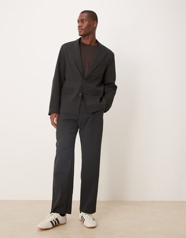 ASOS DESIGN straight suit trousers in black seersucker fabric