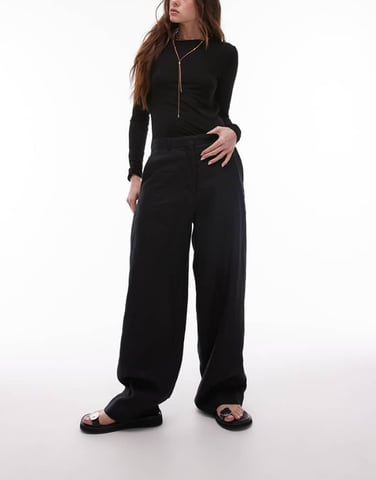 ARKET linen straight leg trousers with flat front in black