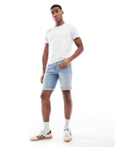 ASOS DESIGN straight slim denim short in light wash blue