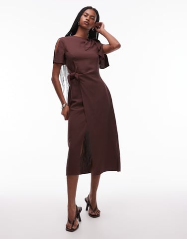 & Other Stories linen blend dress with wrap skirt and tie neck detail in brown