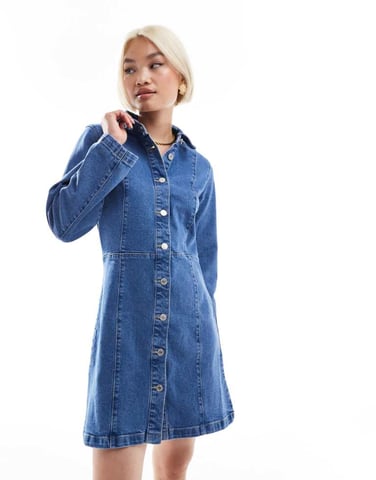Vero Moda wide sleeve buttondown mini dress in medium blue denim