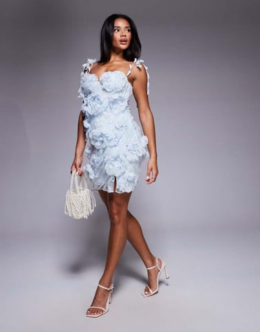 ASOS LUXE 3D floral embellished lace mini dress in light blue