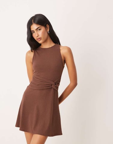 ASOS DESIGN ribbed sleeveless racer knot waist mini dress in chocolate