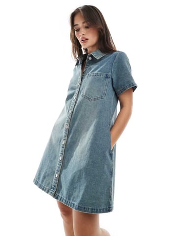 JJXX boxy denim shirt dress in vintage blue