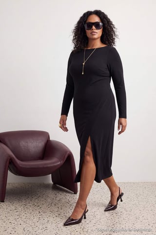 Trendyol Curve Women's Black Plain Midi Long Bodycon Plus Size Dress