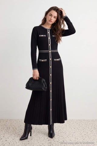 Trendyol Modest Dam Svart Colorblock Midi Lång A-linje Modest Klänningar