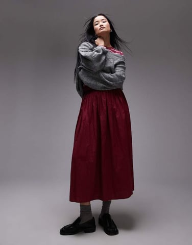 Topshop crinkle cotton laundered full skirt in burgundy