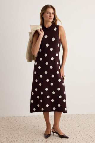 TRENDYOLMİLLA Women's Brown Polka dot Midi Sleeveless Evening / Daily Shift Dresses