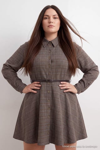 Trendyol Curve Women's Brown Plaid Short / Mini Long A-line Plus Size Dress