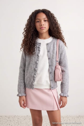 TRENDYOLKIDS Girls Gray Plain Long Fitted Cardigans