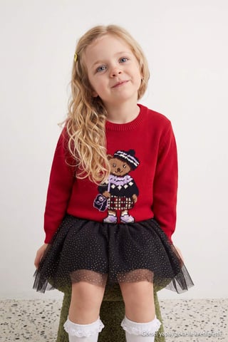 TRENDYOLKIDS Girls Red Graphic Long Regular fit Sweaters