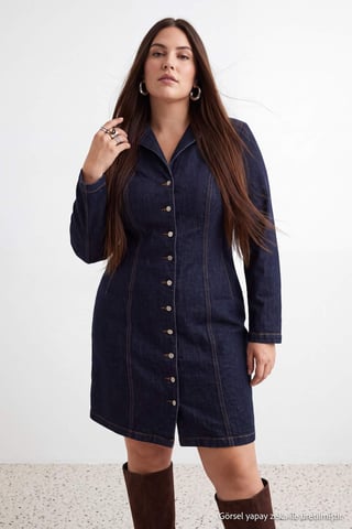 Trendyol Curve Women's Blue Plain Short / Mini Long Bodycon Plus Size Dress