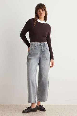 TRENDYOLMİLLA Women's Gray Plain Barrel High Waist Jeans