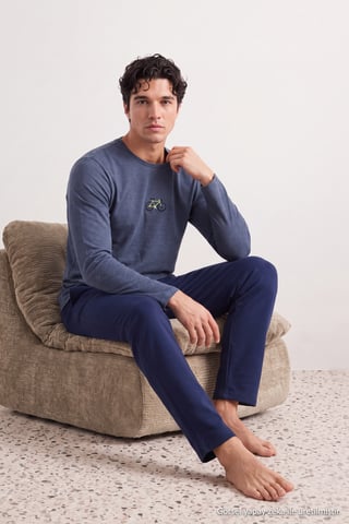 TRENDYOL MAN Men's Dark blue Slogan Long Regular fit Pajama Sets