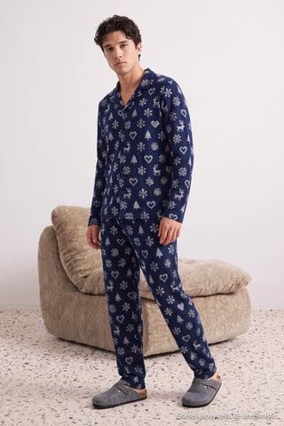 TRENDYOL MAN Men's Dark blue Christmas Long Regular fit Pajama Sets