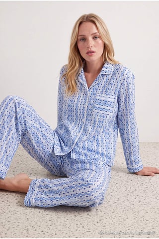 TRENDYOLMİLLA Women's 2 Pack Blue Graphic Long Loungewear Regular fit Pajama Sets
