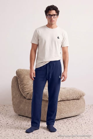 TRENDYOL MAN Men's Ecru Slogan Long Regular fit Pajama Sets