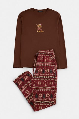 TRENDYOL MAN Men's Brown Christmas Long Regular fit Pajama Sets